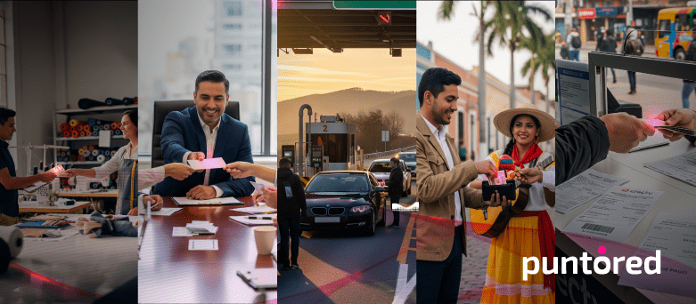 Personas y empresas realizando transacciones digitales en retail, banca, movilidad y servicios públicos con Puntored